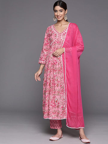 Pink Floral Printed A-Line Kurta With Side Slits Paired With Tonal Bottom And Dupatta